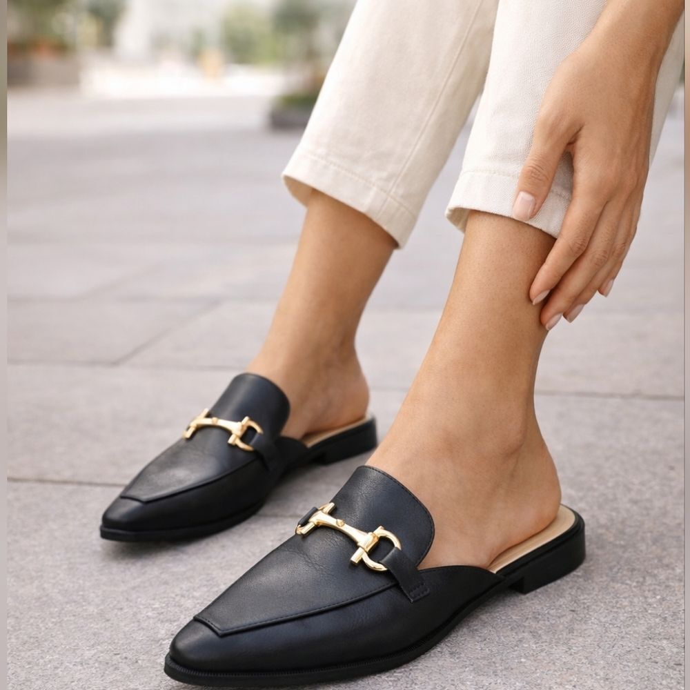 CL by Laundry Black Faux Leather Slip-On Mules with Gold Bit